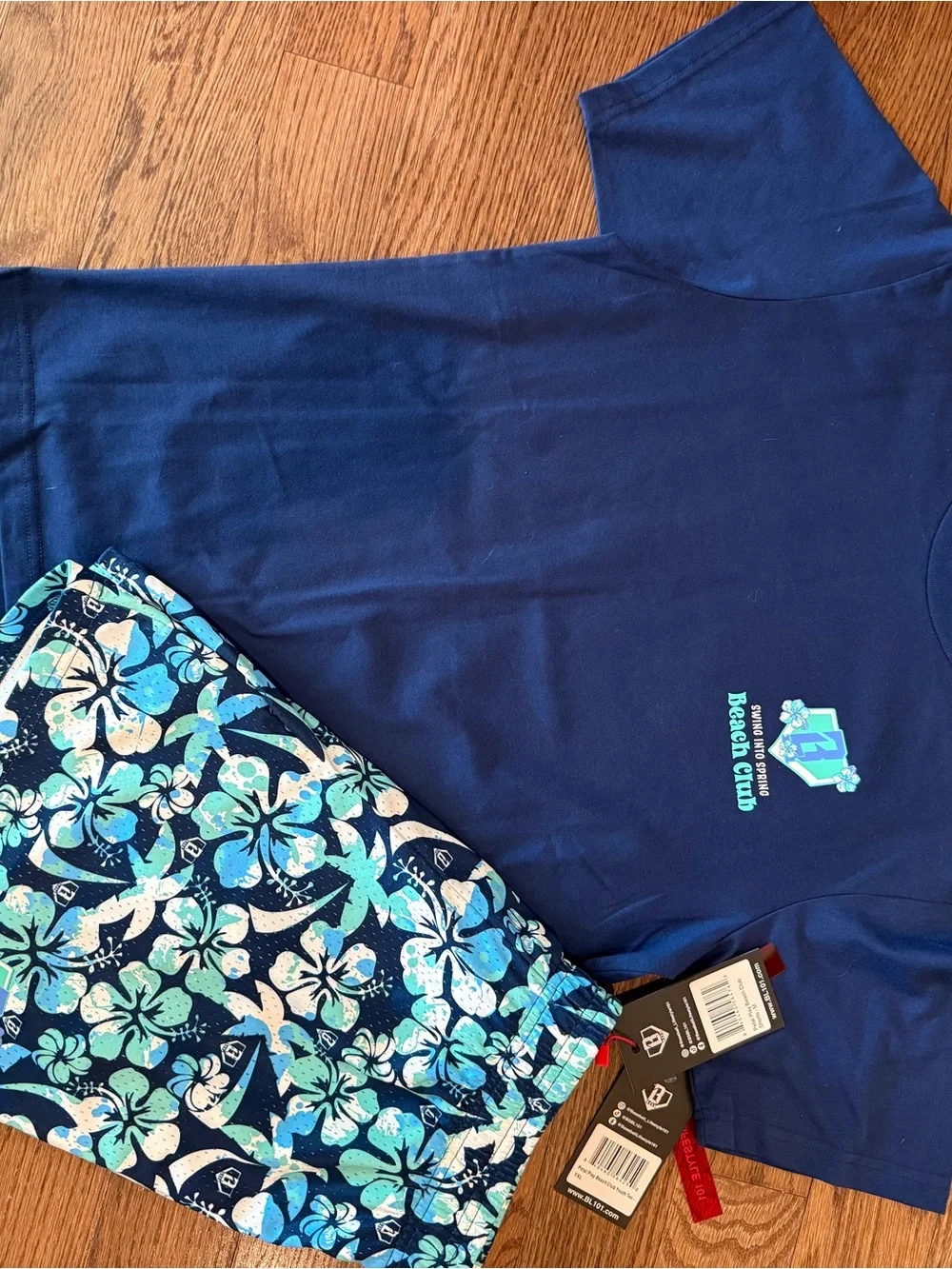 Navy Kids Short-Sleeve Tee and Aqua Floral Shorts Matching Set